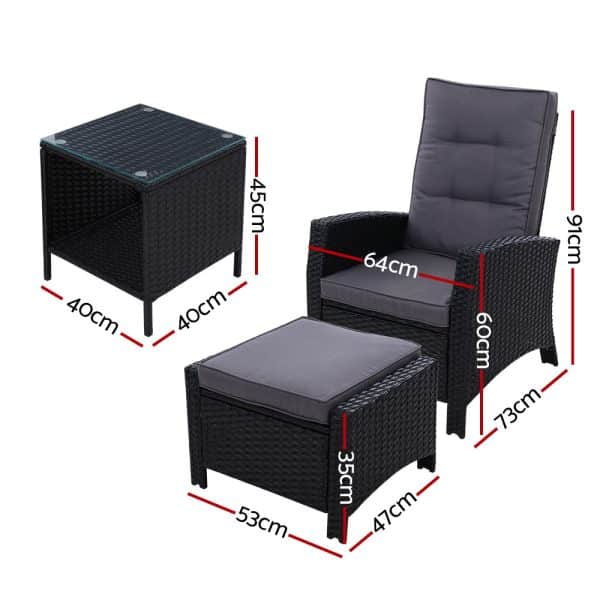 Gardeon 5PC Recliner Chairs Table Sun lounge Wicker Outdoor Furniture Adjustable Black - Image 2