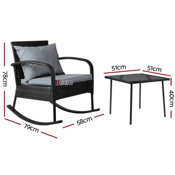Gardeon 3PC Rocking Chair Table Wicker Outdoor Furniture Patio Bistro Set Black - Image 2