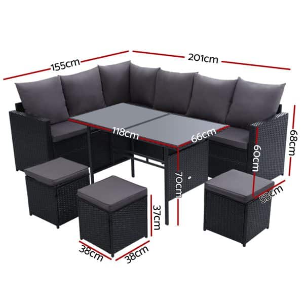 Gardeon Outdoor Furniture Dining Setting Sofa Set Lounge Wicker 9 Seater Black - Image 2