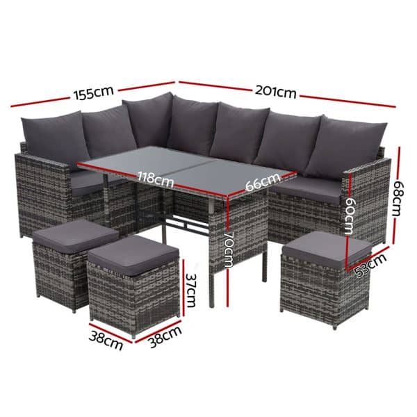 Gardeon Outdoor Dining Set Sofa Lounge Setting Chairs Table Ottoman Grey Cover - Image 2