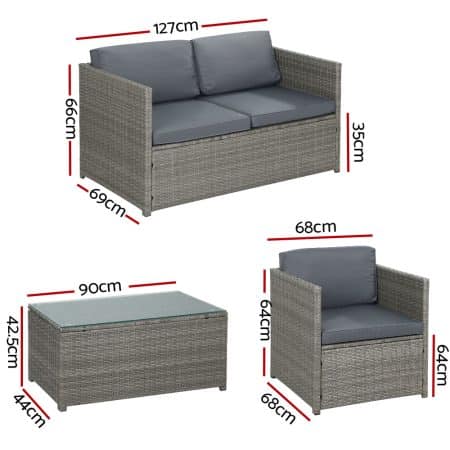 Gardeon 4-Piece Outdoor Sofa Set Wicker Couch Lounge Setting Grey - Image 2