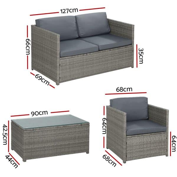 Gardeon 4-Piece Outdoor Sofa Set Wicker Couch Lounge Setting Grey - Image 2