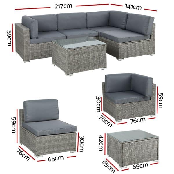 Gardeon 5-Piece Outdoor Sofa Set Wicker Couch Lounge Setting 4 Seater Grey - Image 2
