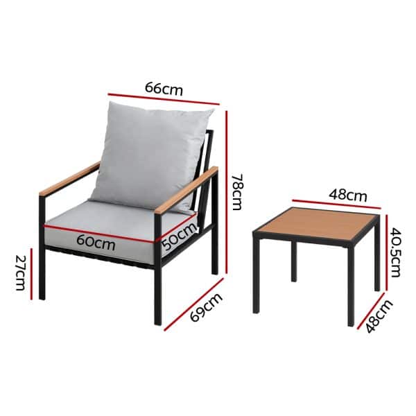 Gardeon 3PC Outdoor Furniture Bistro Set Lounge Setting Chairs Table Patio Black - Image 2