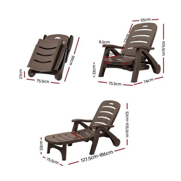 Gardeon Sun Lounger Folding Lounge Chair Wheels Patio Outdoor Furniture Brown - Image 2