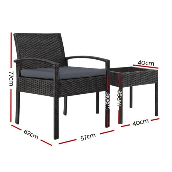 Gardeon 3PC Patio Furniture Bistro Set Wicker Outdoor Lounge Setting Black - Image 2