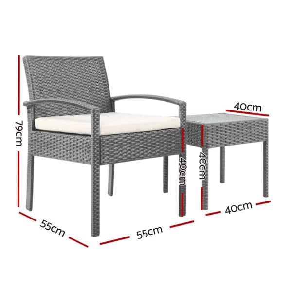 Gardeon 3PC Patio Furniture Bistro Set Wicker Outdoor Lounge Setting Grey - Image 2