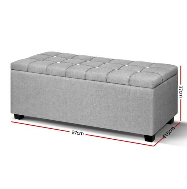 Artiss Storage Ottoman Blanket Box 97cm Button Linen Grey - Image 2