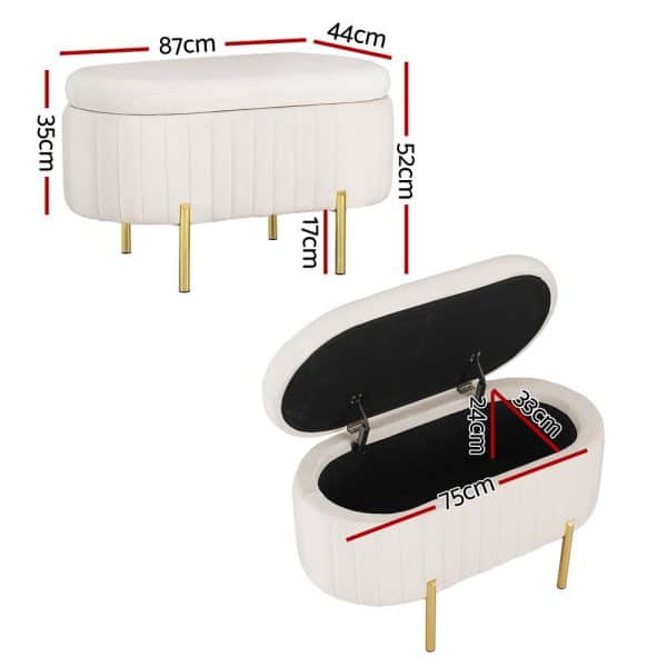 Artiss Storage Ottoman Blanket Box 87cm Velvet Oval White - Image 2