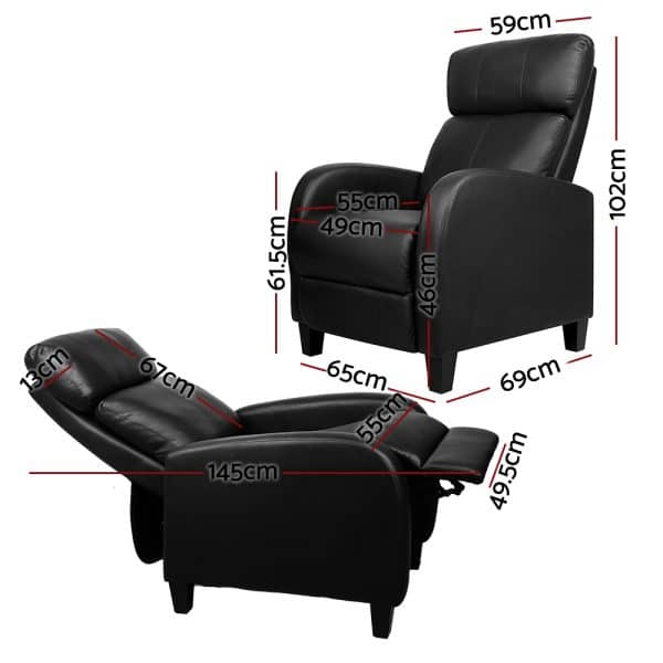 Artiss PU Leather Reclining Armchair - Black - Image 2