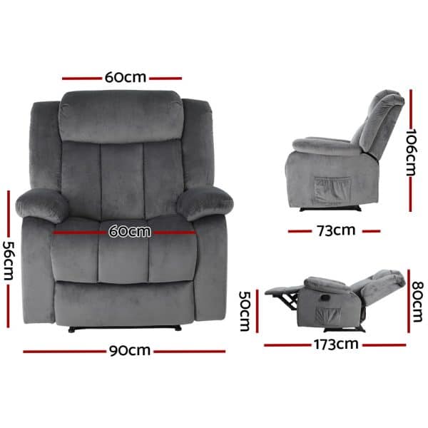 Artiss Recliner Chair Electric Massage Chair Velvet Lounge Sofa Heated Grey - Image 2