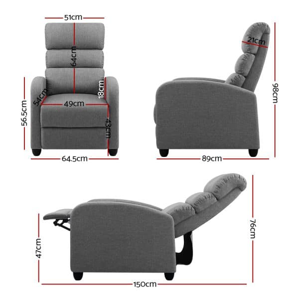 Artiss Recliner Armchair Grey Fabric Bolivia - Image 2