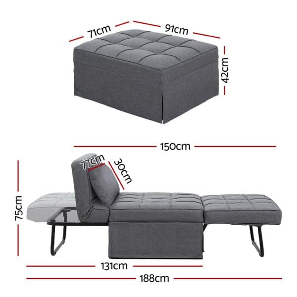 Artiss Sofa Bed Ottoman Pillow Folding Linen Grey Siyi - Image 2