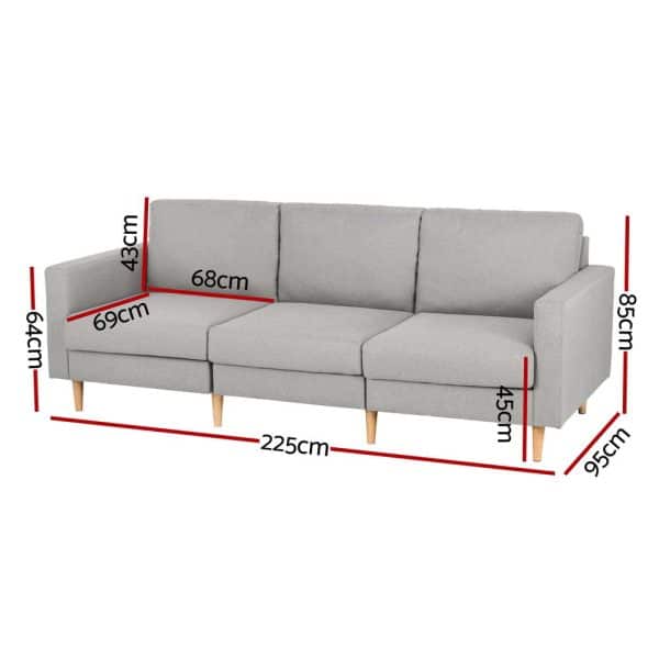 Artiss 3 Seater Sofa 225cm Linen Fabric Grey - Image 2