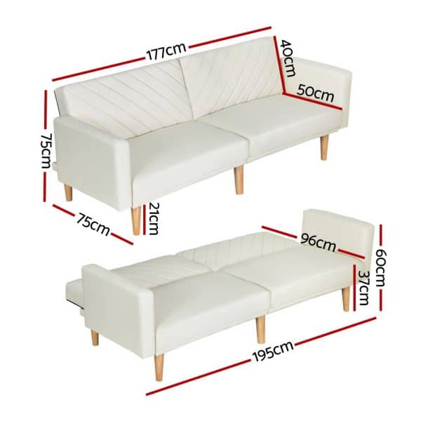 Artiss Sofa Bed 3 Seater Tilted Faux Linen Beige - Image 2
