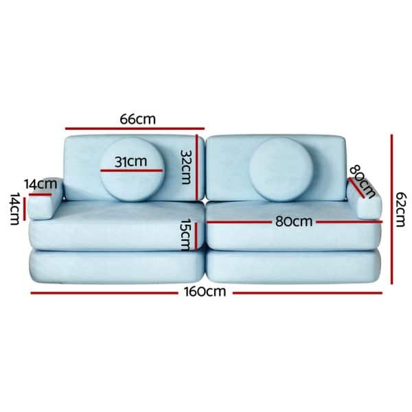 Artiss Sofa Bed 2 Seater Kid DIY Play Couch Velvet Blue - Image 2