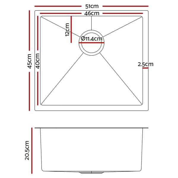 Cefito Kitchen Sink 51X45CM Stainless Steel Basin Single Bowl Silver - Image 2