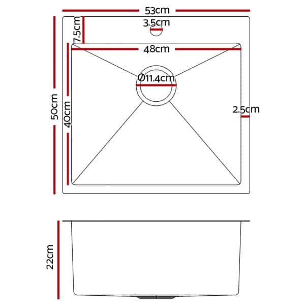 Cefito Kitchen Sink 53X50CM Stainless Steel Basin Single Bowl Silver - Image 2