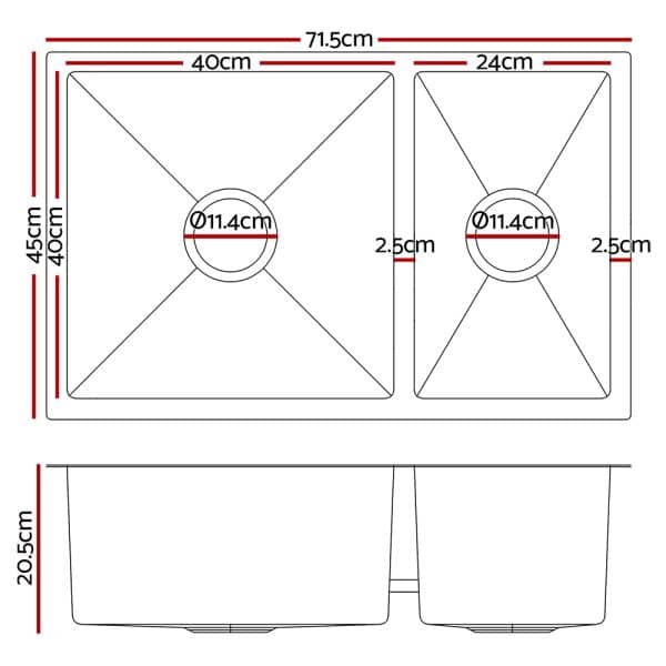 Cefito Kitchen Sink 71X45CM Stainless Steel Basin Double Bowl Silver - Image 2