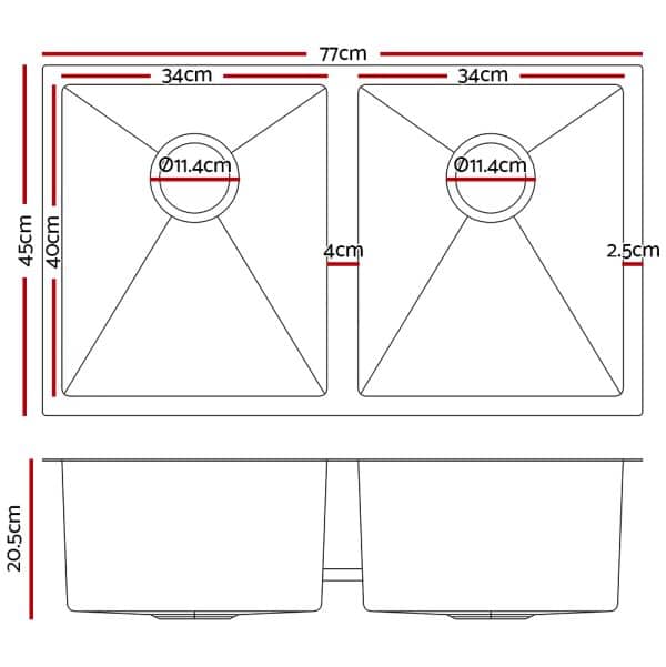 Cefito Kitchen Sink 77X45CM Stainless Steel Basin Double Bowl Silver - Image 2