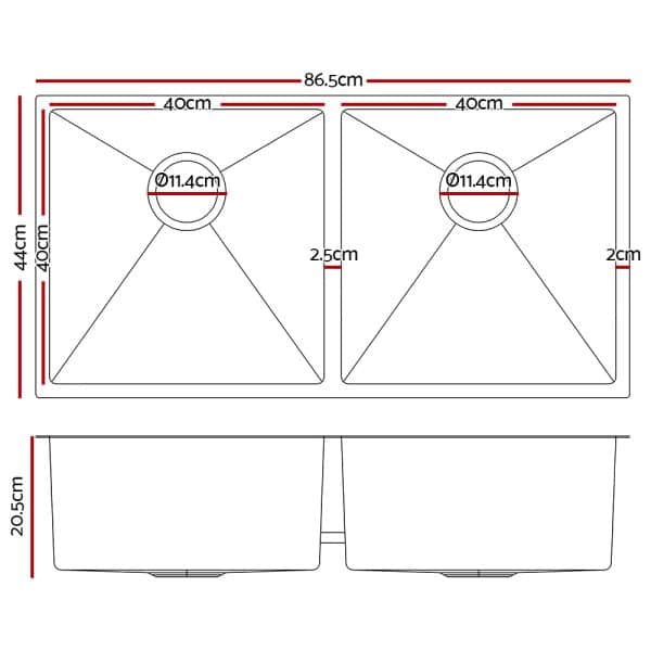 Cefito Kitchen Sink 86X44CM Stainless Steel Basin Double Bowl Silver - Image 2