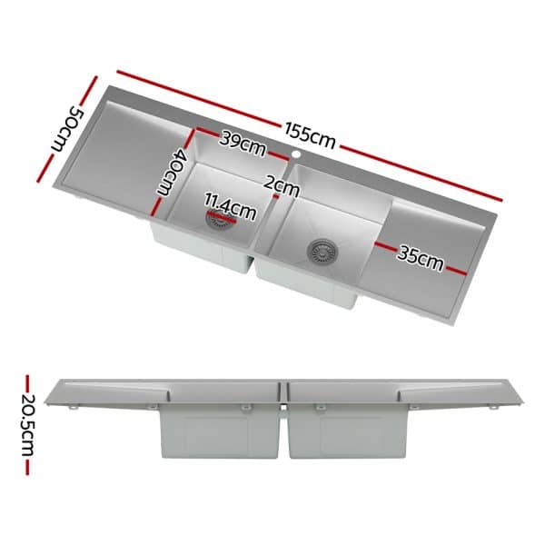 Cefito Kitchen Sink Basin Stainless Steel Under/Top/Flush Mount Bowl 155X50CM - Image 2