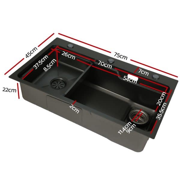 Cefito Kitchen Sink 75X45CM Stainless Steel Basin Single Bowl Drain Part Black - Image 2
