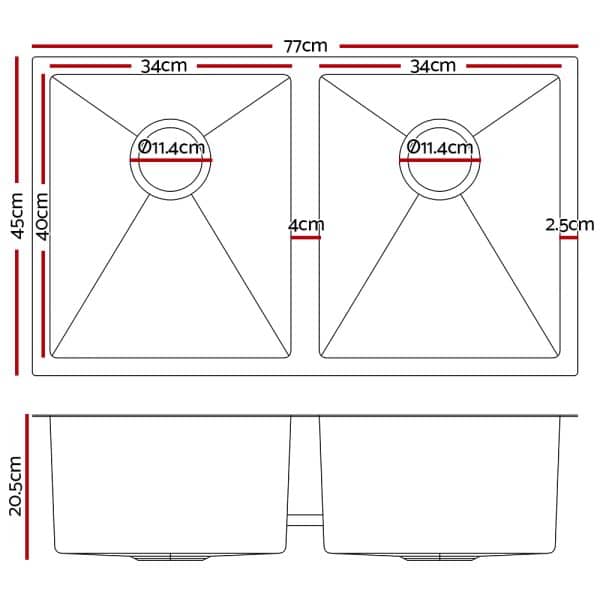 Cefito Kitchen Sink 77X45CM Stainless Steel Basin Double Bowl Black - Image 2