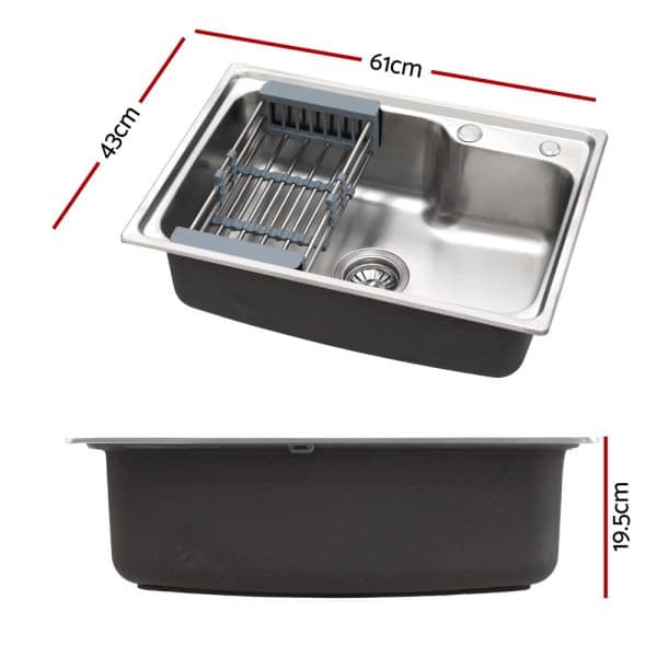 Cefito Kitchen Sink 61X43CM Stainless Steel Basin Single Bowl Silver Drain Basket - Image 2
