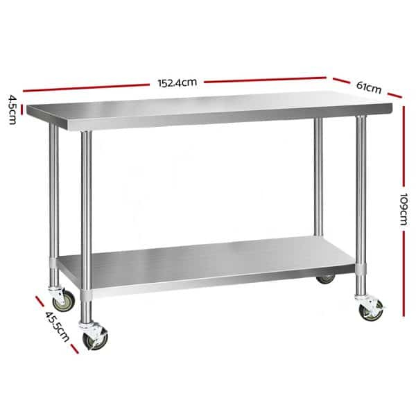 Cefito 1524x610mm Stainless Steel Kitchen Bench with Wheels 304 - Image 2