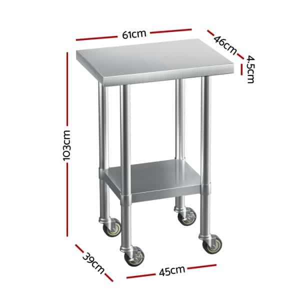 Cefito Stainless Steel Kitchen Benches Work Bench Wheels 61X46CM 430 - Image 2