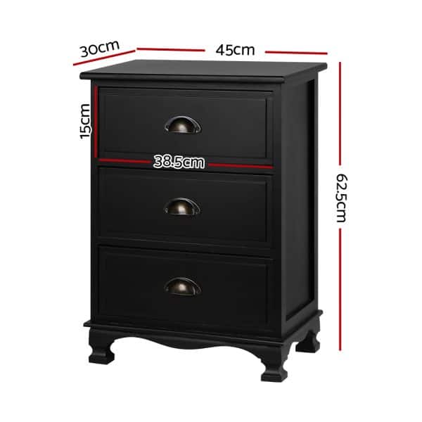 Artiss Bedside Table 3 Drawers Vintage - THYME Black - Image 2