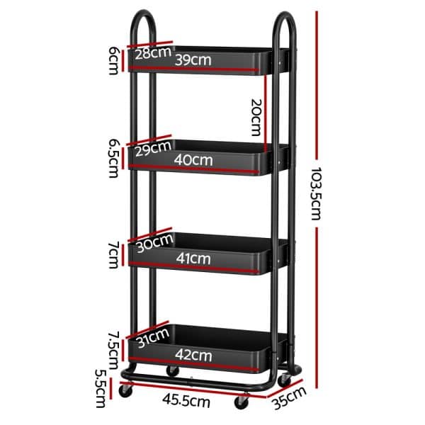 Artiss Storage Trolley Kitchen Cart 4 Tiers Black - Image 2