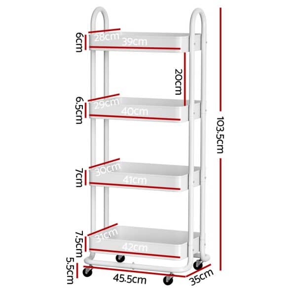 Artiss Storage Trolley Kitchen Cart 4 Tiers White - Image 2