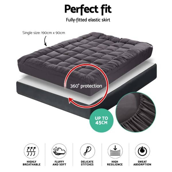 Giselle Bedding Mattress Topper Pillowtop Bamboo Charcoal Single - Image 2