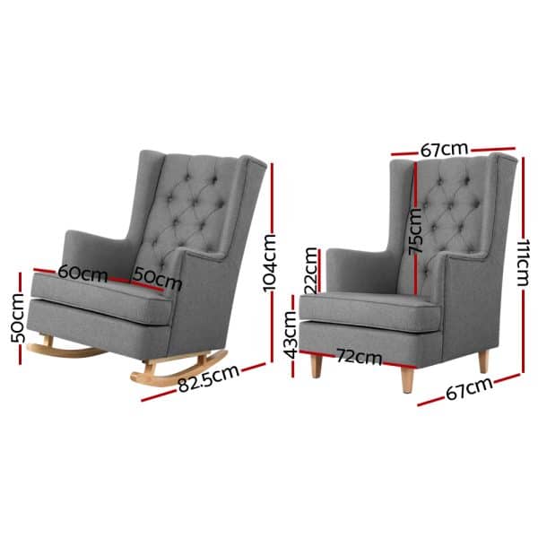 Artiss Rocking Chair Armchair Linen Fabric Grey Gaia - Image 2