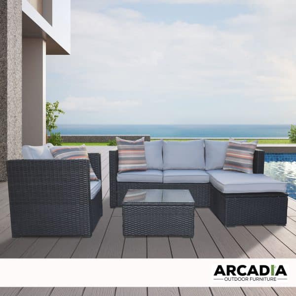 Arcadia Furniture Outdoor Rattan 4 Piece Sofa Lounge Set Home Garden Patio - Black and Grey - Image 2