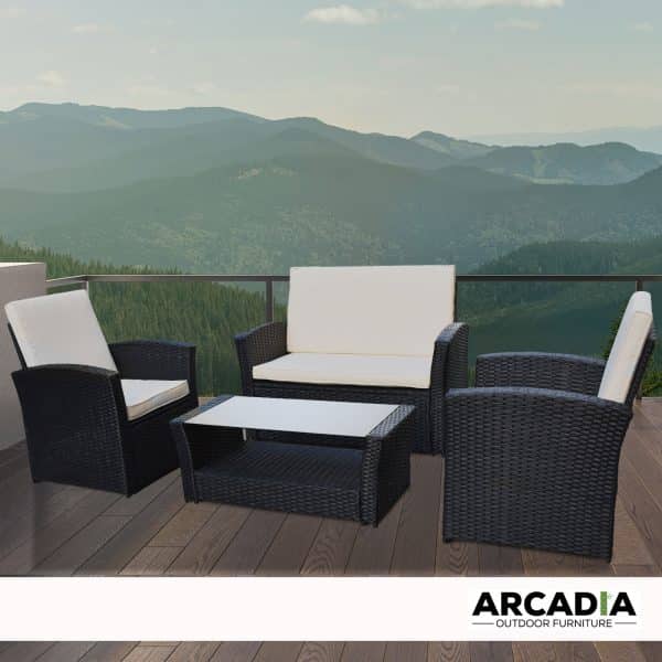 Arcadia Furniture Outdoor 4 Piece Sofa Lounge Set Wicker Rattan Garden - Black and Grey - Image 2