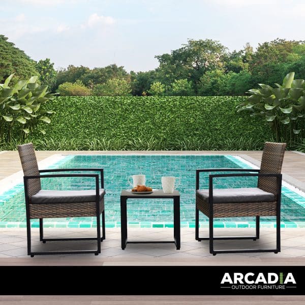Arcadia Furniture Outdoor 3 Piece Wicker Rattan Patio Set Garden Patio Home - Oatmeal and Grey - Image 2