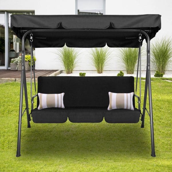 Milano Outdoor Swing Bench Seat Chair Canopy Furniture 3 Seater Garden Hammock - Black - Image 2