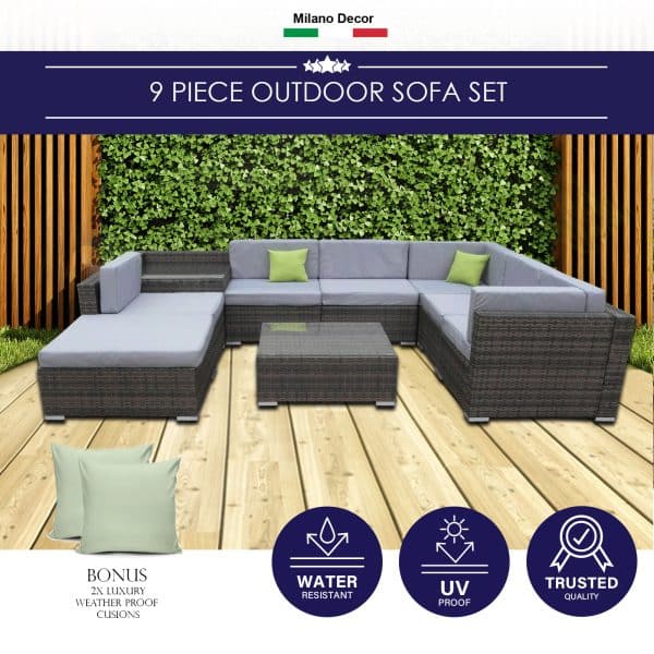 Milano 9 Piece Wicker Rattan Sofa Set Oatmeal Grey Outdoor Lounge Furniture - Image 2