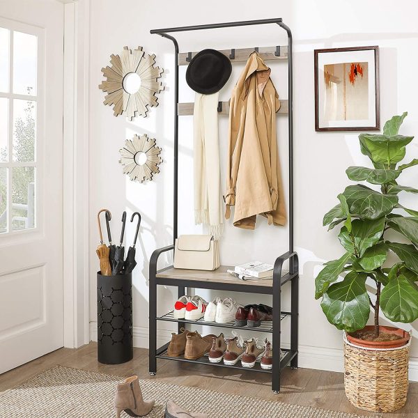 Greige and Black Steel Freestanding Coat Rack Stand with Removable Hooks, Bench and Shoe Rack, Height 183 cm - Image 2