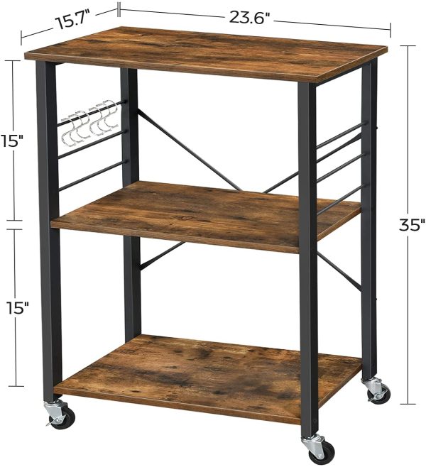 Kitchen Baker's Rack,  3-Tier Serving Cart with Metal Frame and 6 Hooks, Rustic Brown - Image 2