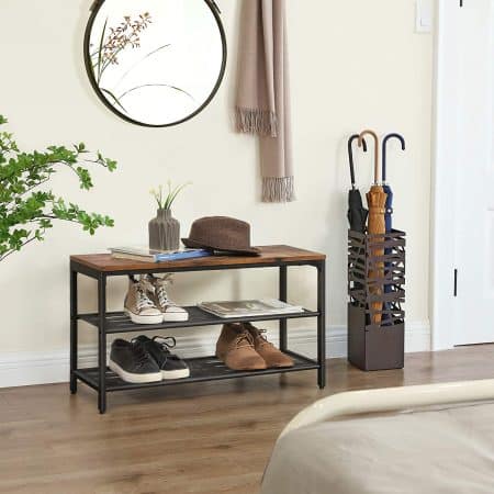 Shoe Rack with 2 Mesh Shelves, Rustic Brown and Black - Image 2