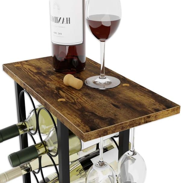 Wine Rack Countertop Wooden & Metal Holder for 6 Bottles & 2 Glasses - Image 2