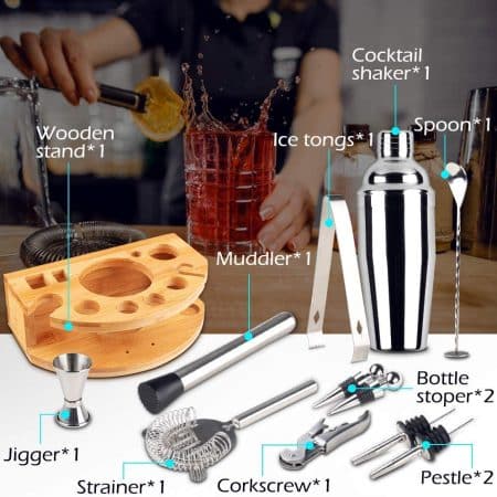 Cocktail Shaker Set Bartender Kit with Bamboo frame and 12 Pieces Stainless Steel Bar Tool Set - Image 2