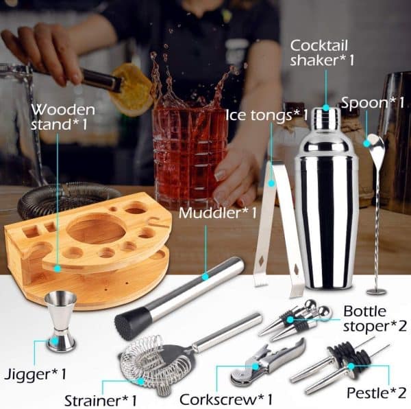 Cocktail Shaker Set Bartender Kit with Bamboo frame and 12 Pieces Stainless Steel Bar Tool Set - Image 2