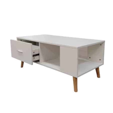 White Coffee Table Storage Drawer & Open Shelf With Wooden Legs - Image 2
