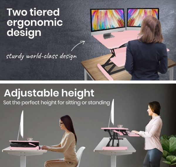 Fortia Desk Riser 77cm Wide Adjustable Sit to Stand for Dual Monitor, Keyboard, Laptop, Pink - Image 2