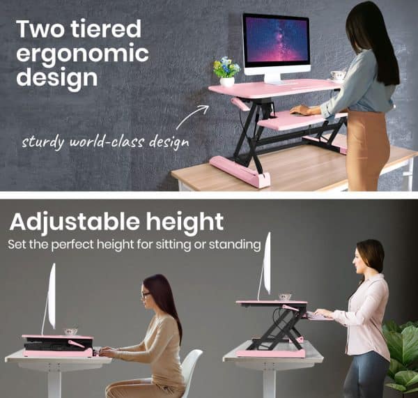 Fortia Desk Riser 90cm Wide Adjustable Sit to Stand for Dual Monitor, Keyboard, Laptop, Pink - Image 2